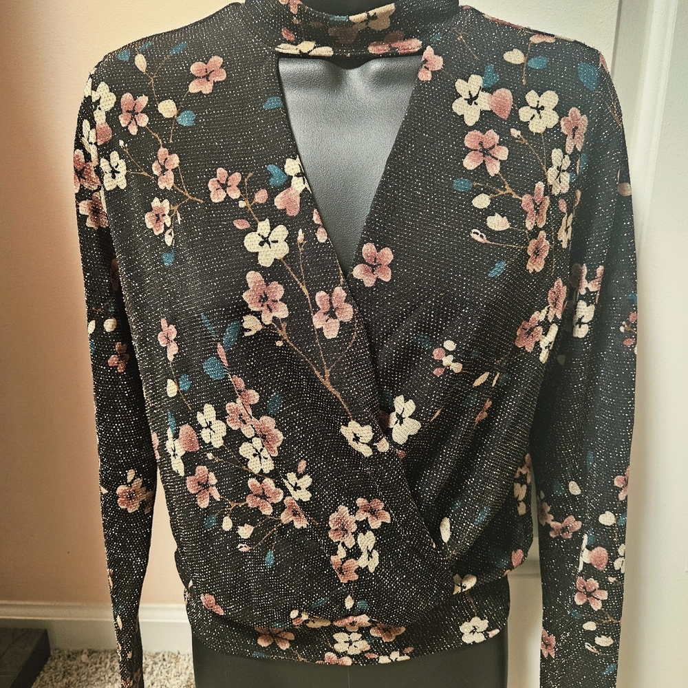 BKE Black Floral Wrap Blouse